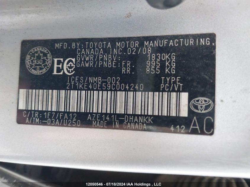 2009 Toyota Matrix Xr VIN: 2T1KE40E59C004240 Lot: 12050546