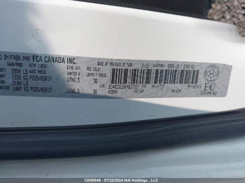 2019 Dodge Grand Caravan Gt VIN: 2C4RDGEG8KR637267 Lot: 12050549