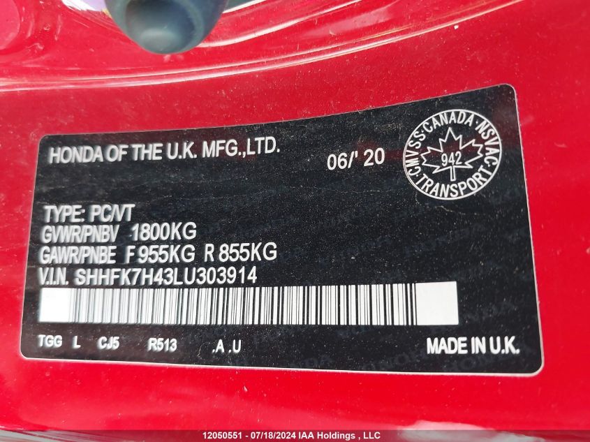 2020 Honda Civic Hatchback VIN: SHHFK7H43LU303914 Lot: 12050551