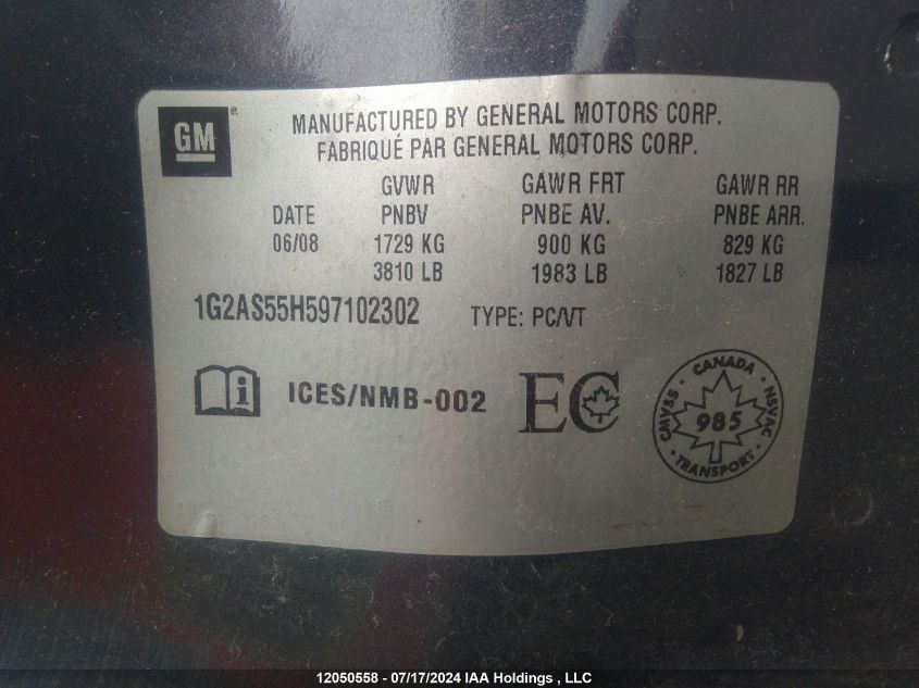2009 Pontiac G5 VIN: 1G2AS55H597102302 Lot: 12050558