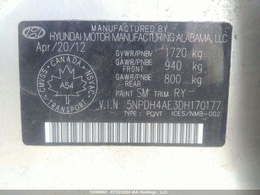 2013 Hyundai Elantra VIN: 5NPDH4AE3DH170177 Lot: 12050562