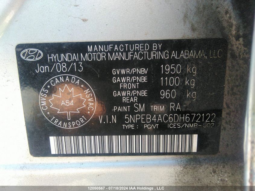 2013 Hyundai Sonata Gl VIN: 5NPEB4AC6DH672122 Lot: 12050567