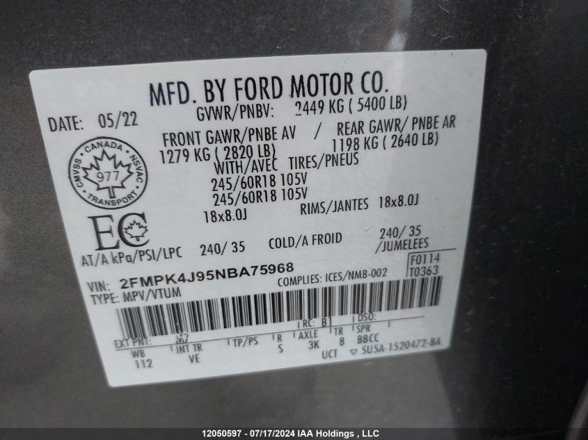 2022 Ford Edge Sel VIN: 2FMPK4J95NBA75968 Lot: 12050597
