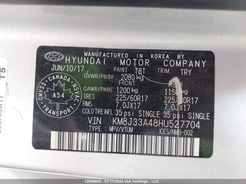 2017 Hyundai Tucson Se VIN: KM8J33A48HU527704 Lot: 12050603