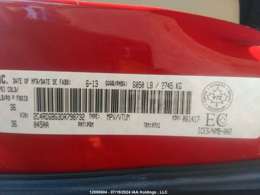 2013 Dodge Grand Caravan Se/Sxt VIN: 2C4RDGBG3DR798732 Lot: 12050604