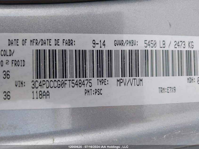 2015 Dodge Journey Sxt VIN: 3C4PDCCG0FT548475 Lot: 12050625