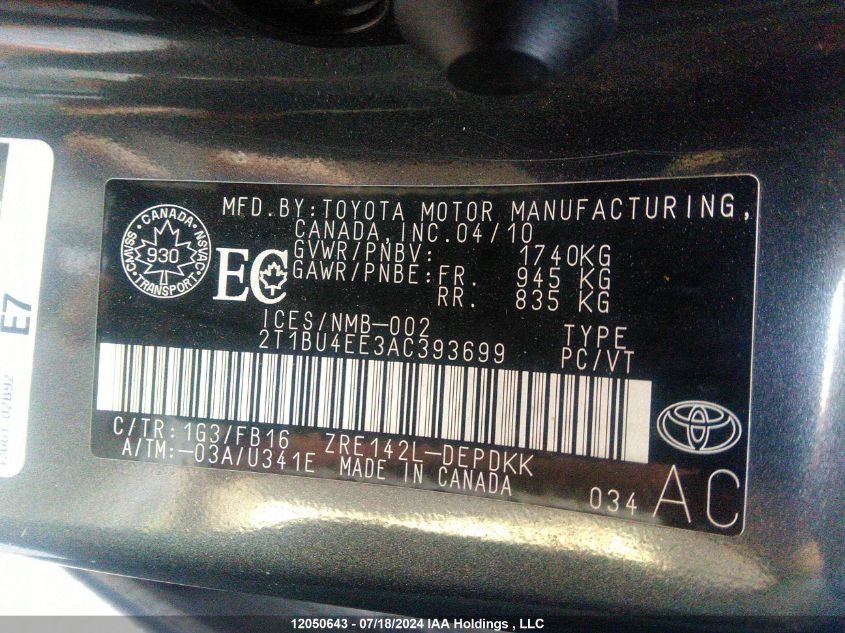 2010 Toyota Corolla S/Le/Xle VIN: 2T1BU4EE3AC393699 Lot: 12050643