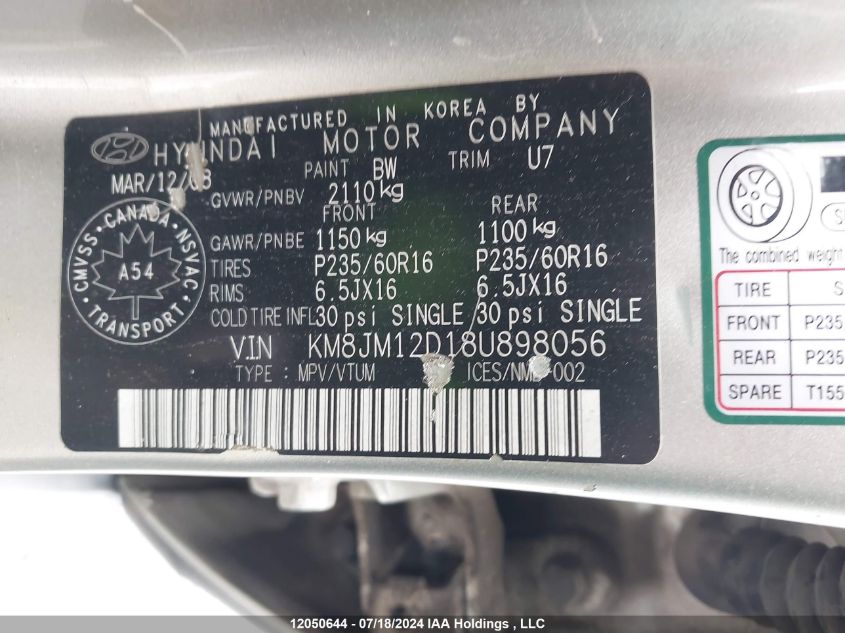 2008 Hyundai Tucson VIN: KM8JM12D18U898056 Lot: 12050644