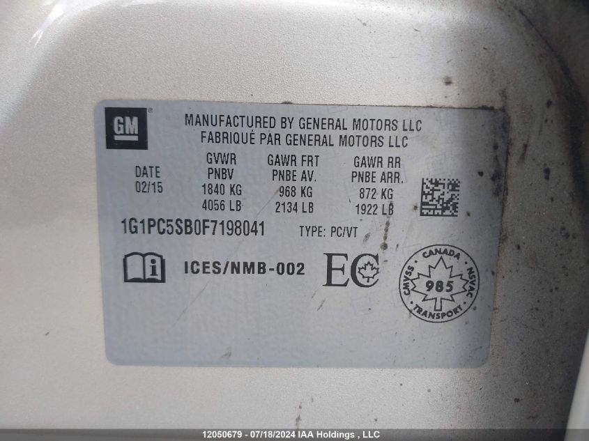 2015 Chevrolet Cruze VIN: 1G1PC5SB0F7198041 Lot: 12050679