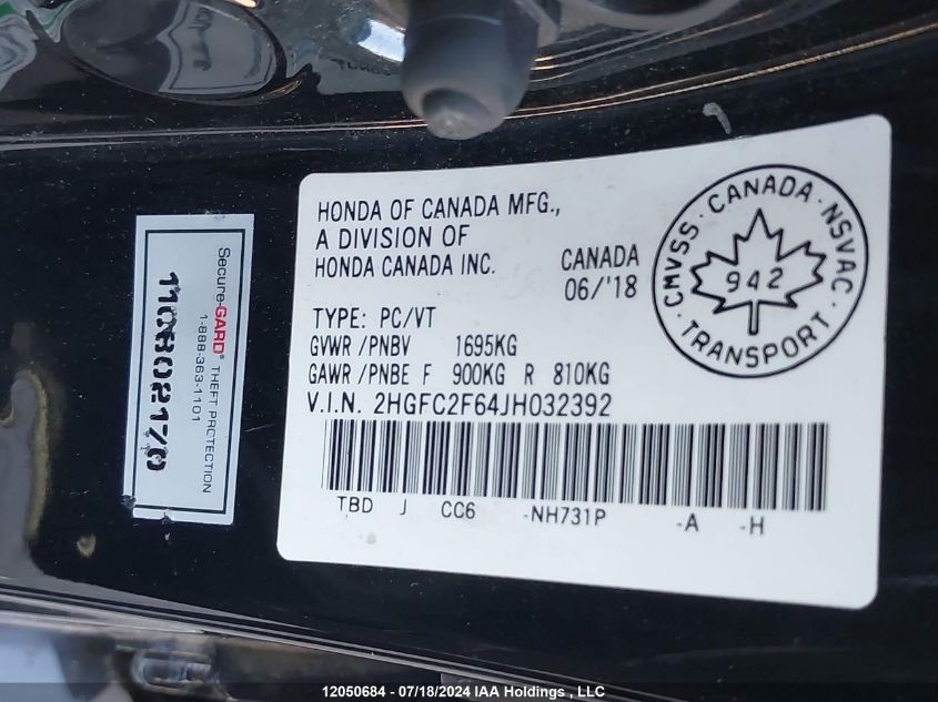 2018 Honda Civic Sedan VIN: 2HGFC2F64JH032392 Lot: 12050684