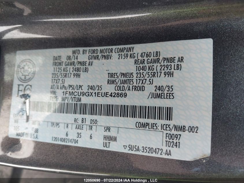 2014 Ford Escape Se VIN: 1FMCU9GX1EUE42869 Lot: 12050690