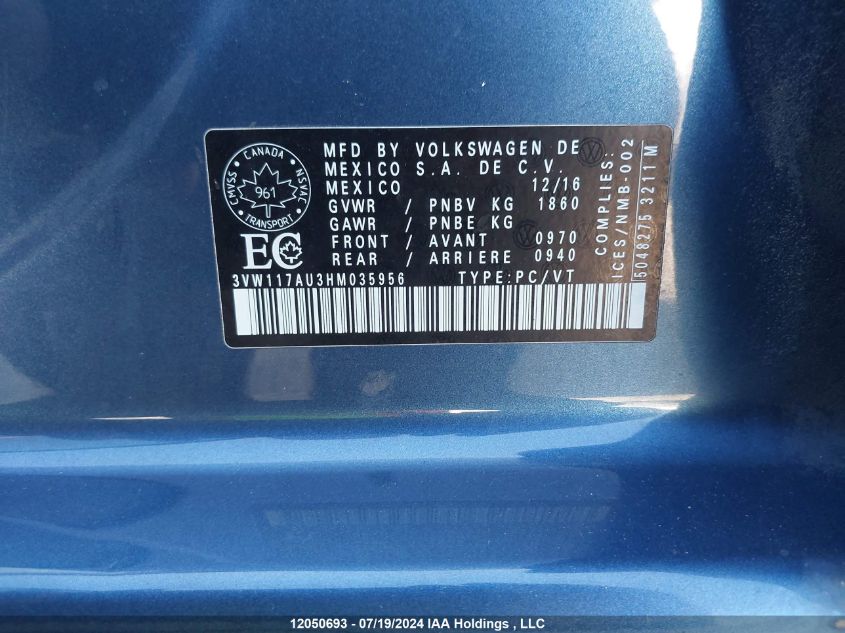 2017 Volkswagen Golf VIN: 3VW117AU3HM035956 Lot: 12050693