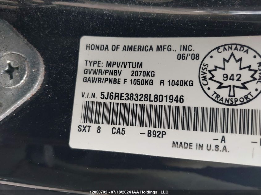 2008 Honda Cr-V VIN: 5J6RE38328L801946 Lot: 12050702
