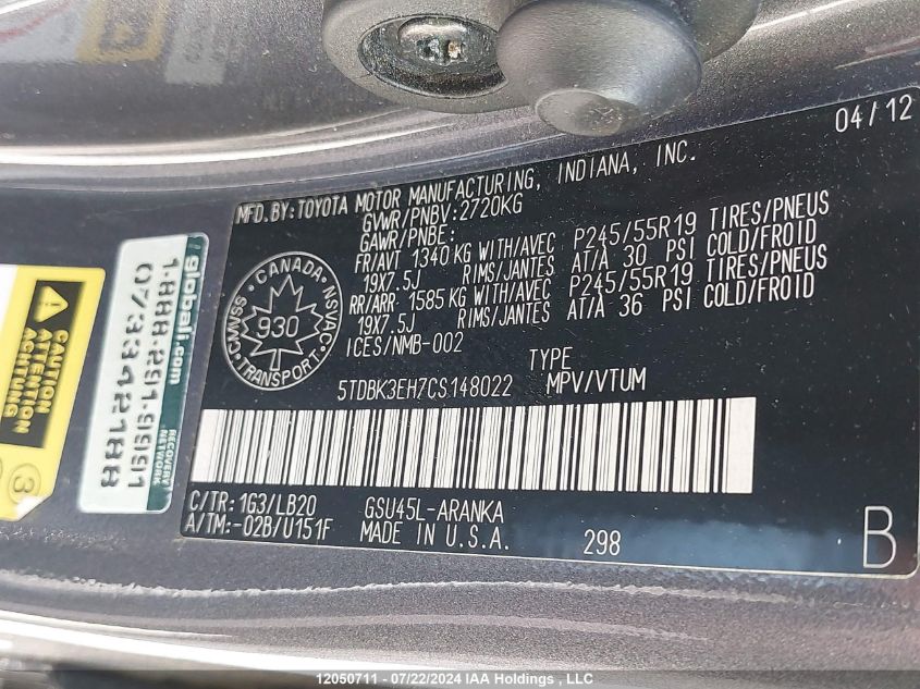 2012 Toyota Highlander V6 VIN: 5TDBK3EH7CS148022 Lot: 12050711