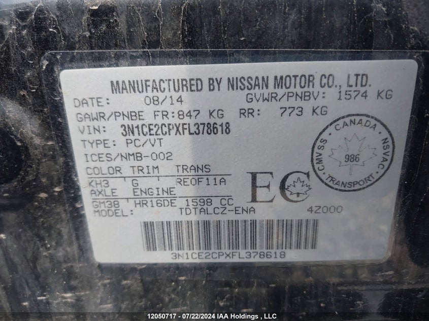 2015 Nissan Versa Note S/S Plus/Sv/Sl/Sr VIN: 3N1CE2CPXFL378618 Lot: 12050717