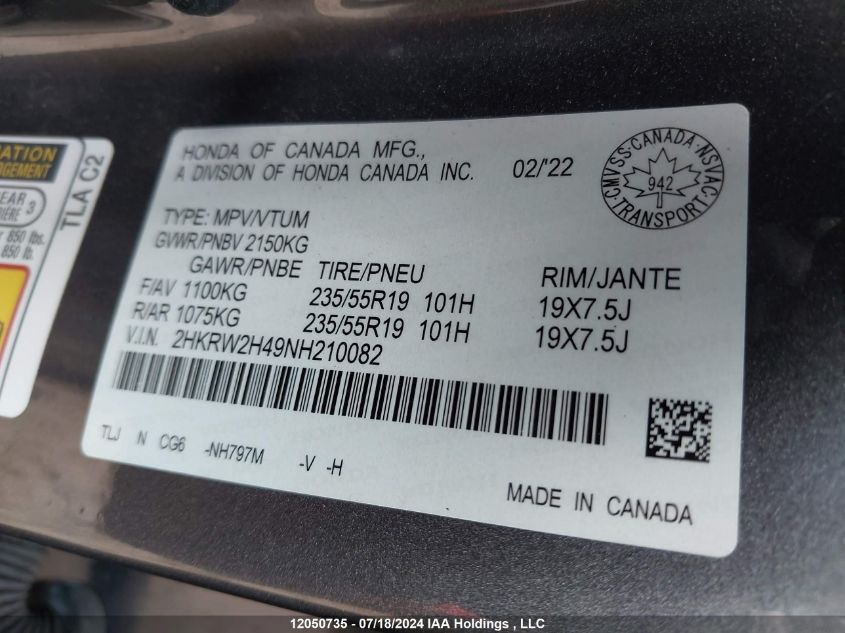 2022 Honda Cr-V VIN: 2HKRW2H49NH210082 Lot: 12050735