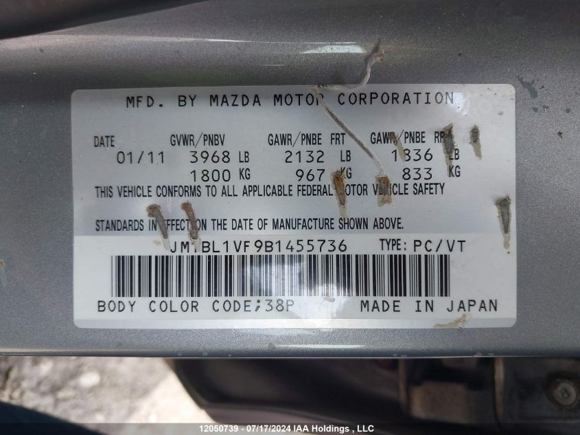 2011 Mazda 3 VIN: JM1BL1VF9B1455736 Lot: 12050739