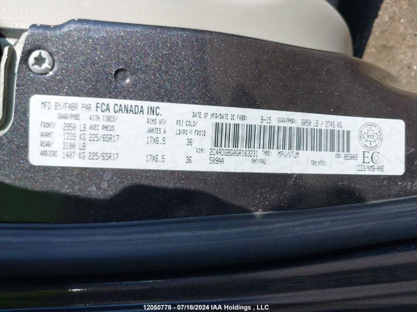 2016 Dodge Grand Caravan VIN: 2C4RDGBG0GR163231 Lot: 12050778