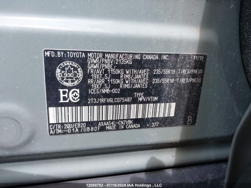 2020 Toyota Rav4 Adventure/Trd Off Road VIN: 2T3J1RFV6LC075487 Lot: 12050782