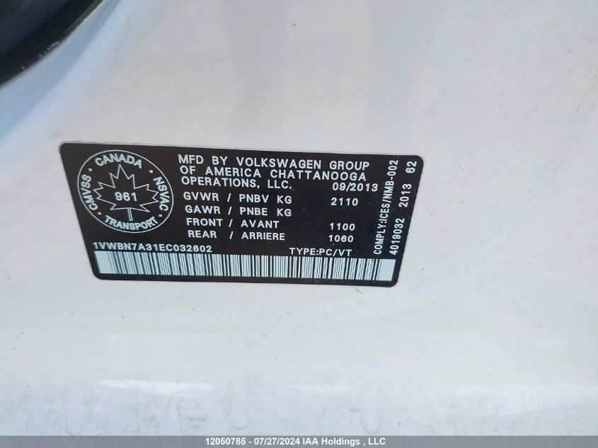 2014 Volkswagen Passat VIN: 1VWBN7A31EC032602 Lot: 12050785