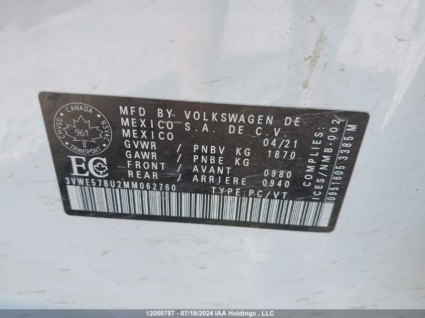 2021 Volkswagen Jetta VIN: 3VWE57BU2MM062760 Lot: 12050787