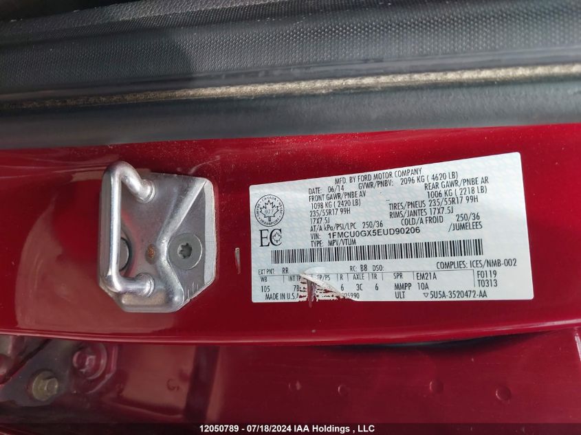 2014 Ford Escape Se VIN: 1FMCU0GX5EUD90206 Lot: 12050789