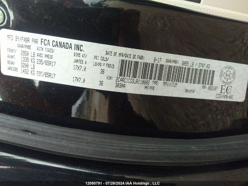 2018 Chrysler Pacifica Lx VIN: 2C4RC1CG9JR110002 Lot: 12050791