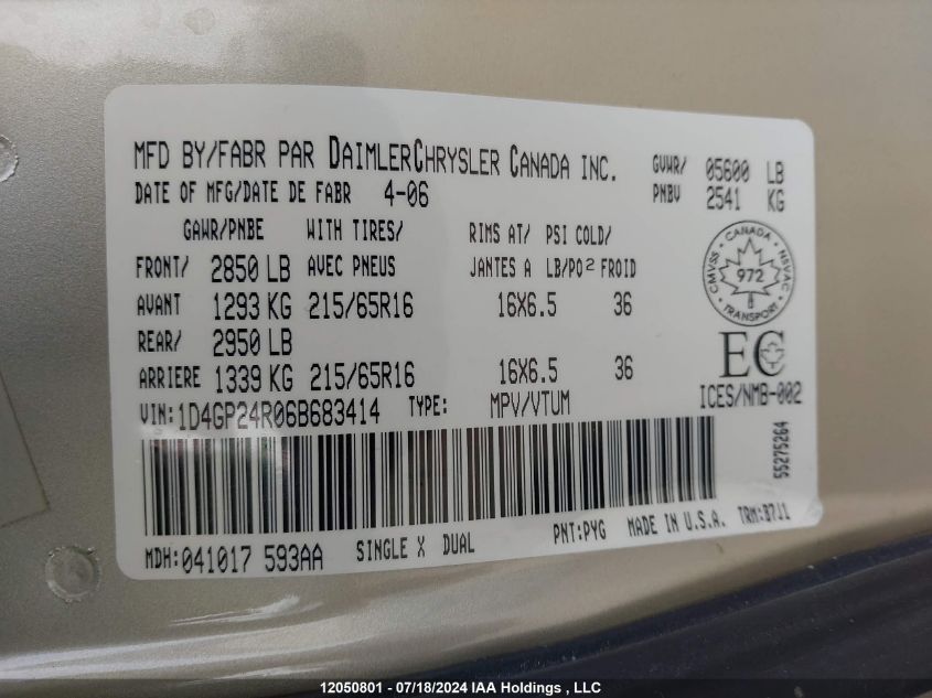 2006 Dodge Grand Caravan VIN: 1D4GP24R06B683414 Lot: 12050801