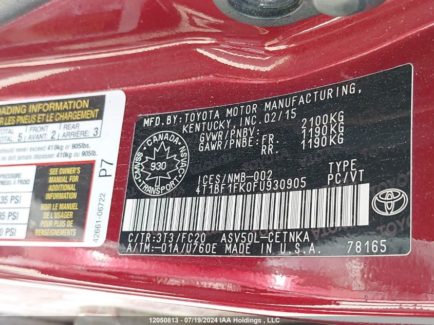 2015 Toyota Camry Le VIN: 4T1BF1FK0FU930905 Lot: 12050813