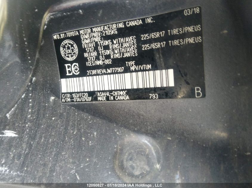 2018 Toyota Rav4 Xle VIN: 2T3RFREV4JW777907 Lot: 12050827