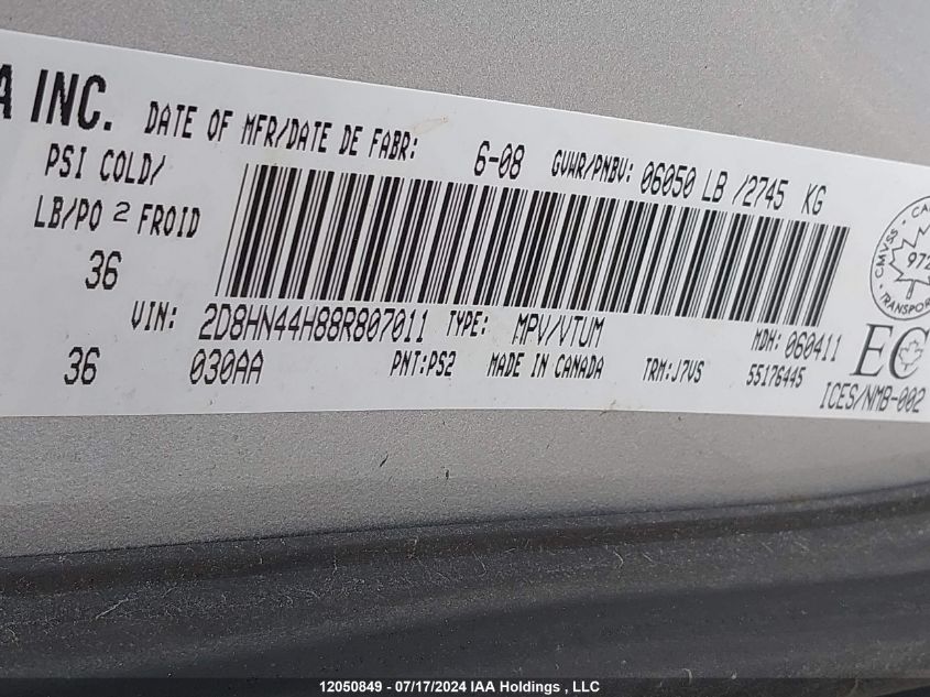 2008 Dodge Grand Caravan Se VIN: 2D8HN44H88R807011 Lot: 12050849