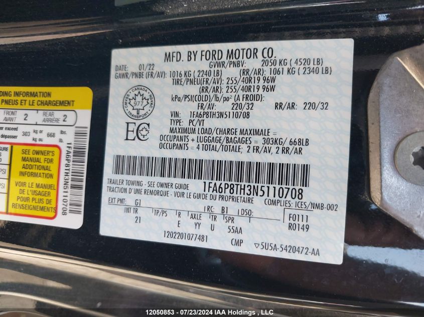 2022 Ford Mustang VIN: 1FA6P8TH3N5110708 Lot: 12050853