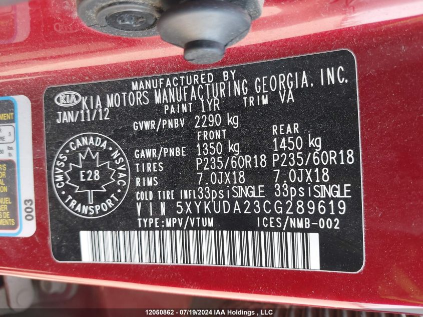 2012 Kia Sorento VIN: 5XYKUDA23CG289619 Lot: 12050862