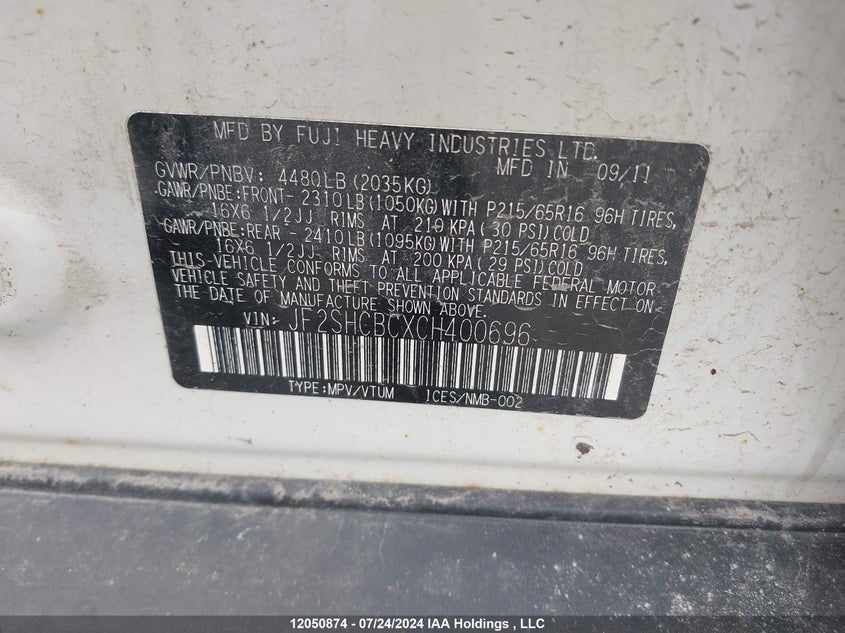 2012 Subaru Forester VIN: JF2SHCBCXCH400696 Lot: 12050874