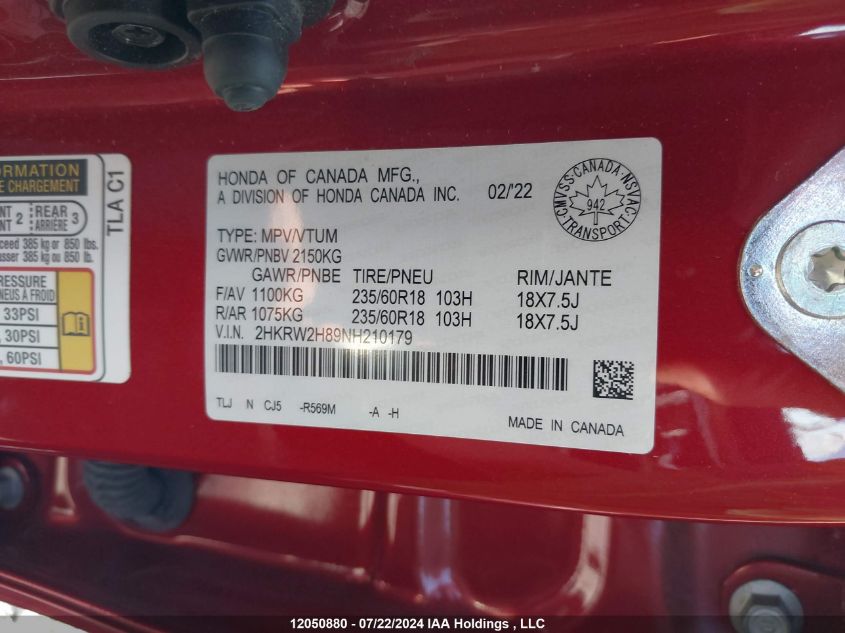 2022 Honda Cr-V VIN: 2HKRW2H89NH210179 Lot: 12050880