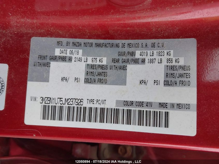2018 Mazda Mazda3 VIN: 3MZBN1U75JM237926 Lot: 12050894