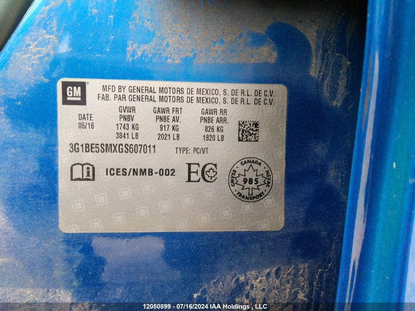 2016 Chevrolet Cruze Lt VIN: 3G1BE5SMXGS607011 Lot: 12050899