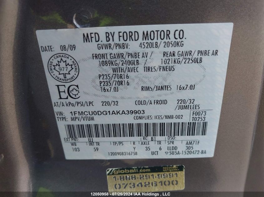 2010 Ford Escape Xlt VIN: 1FMCU0DG1AKA39903 Lot: 12050958