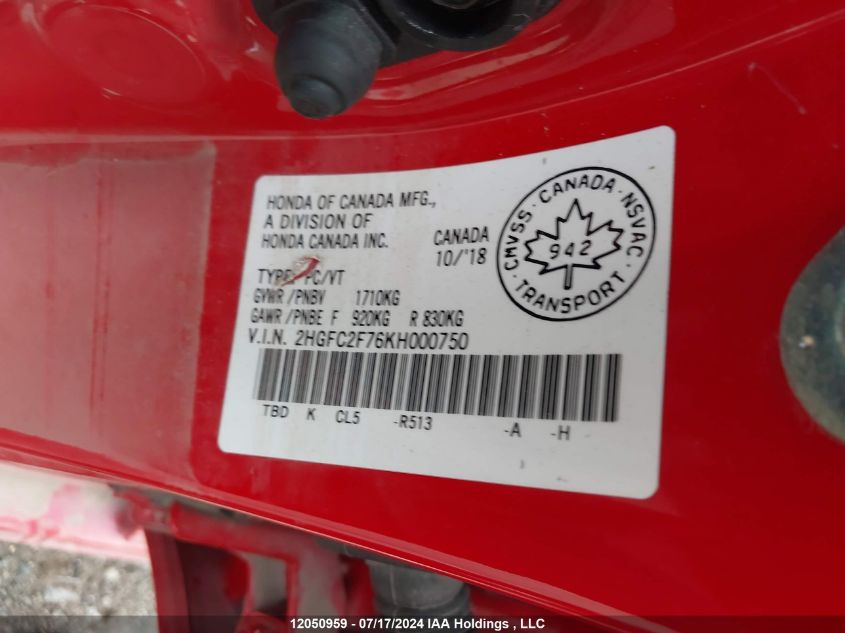 2019 Honda Civic Sedan VIN: 2HGFC2F76KH000750 Lot: 12050959