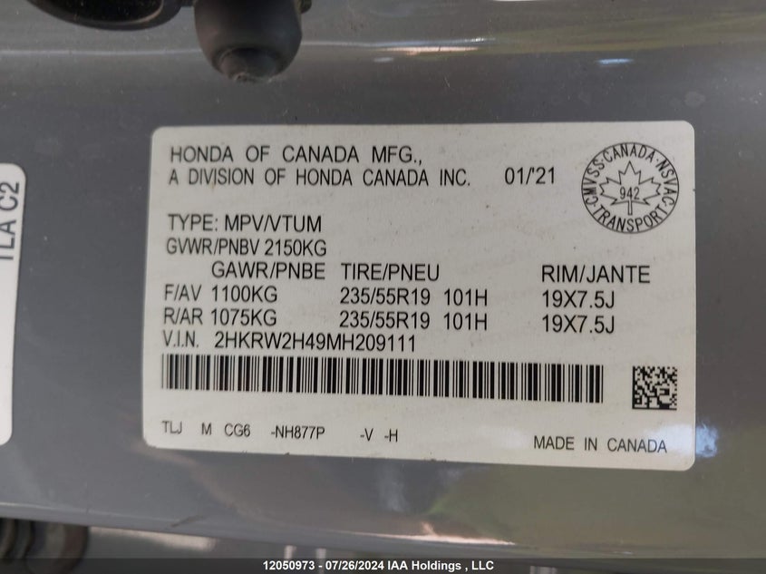 2021 Honda Cr-V VIN: 2HKRW2H49MH209111 Lot: 12050973