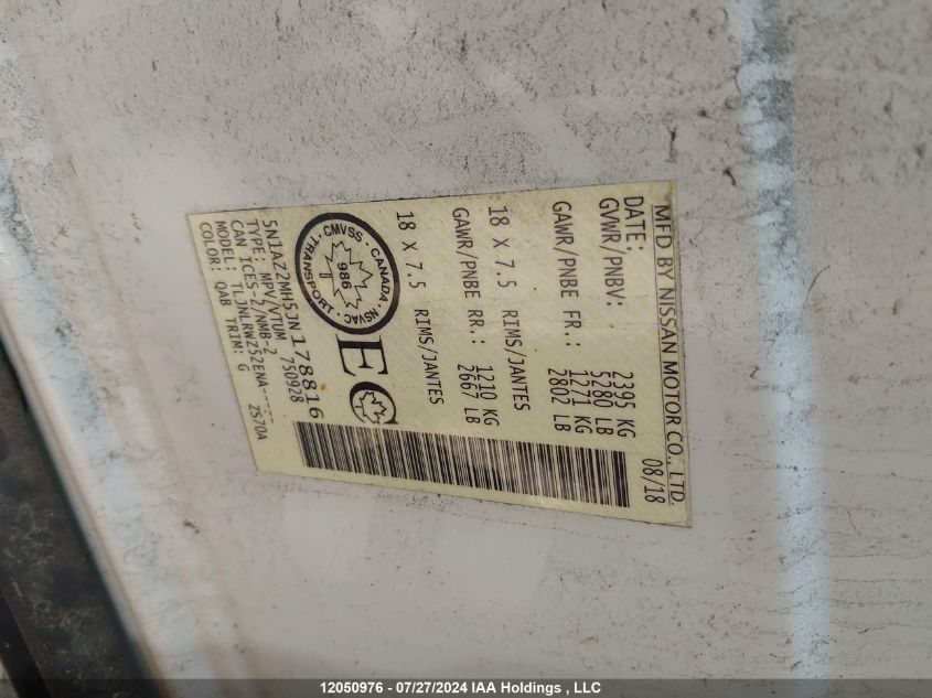 2018 Nissan Murano VIN: 5N1AZ2MH5JN178816 Lot: 12050976