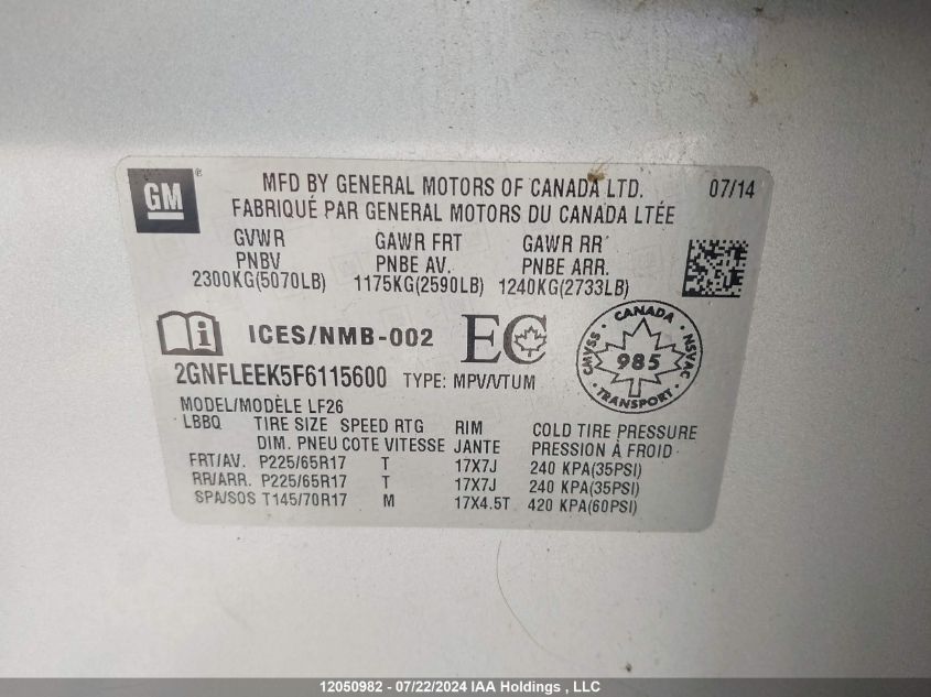 2015 Chevrolet Equinox VIN: 2GNFLEEK5F6115600 Lot: 12050982