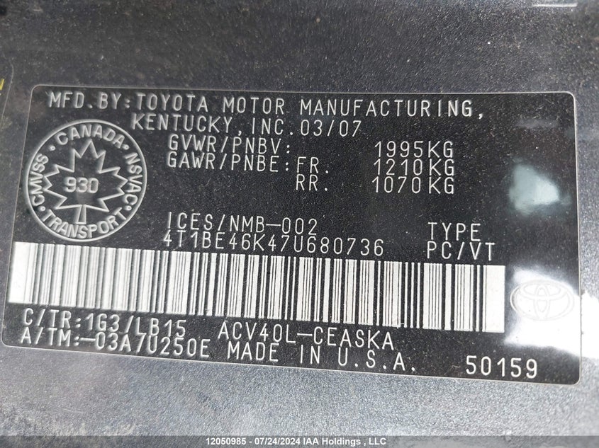 2007 Toyota Camry Ce/Le/Xle/Se VIN: 4T1BE46K47U680736 Lot: 12050985