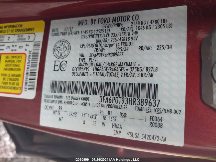 2017 Ford Fusion Se VIN: 3FA6P0T93HR389637 Lot: 12050999