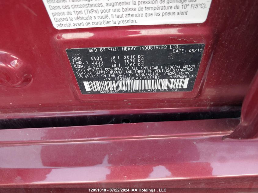 2011 Subaru Legacy 2.5I Premium VIN: 4S3BMBB64B3263782 Lot: 12051010