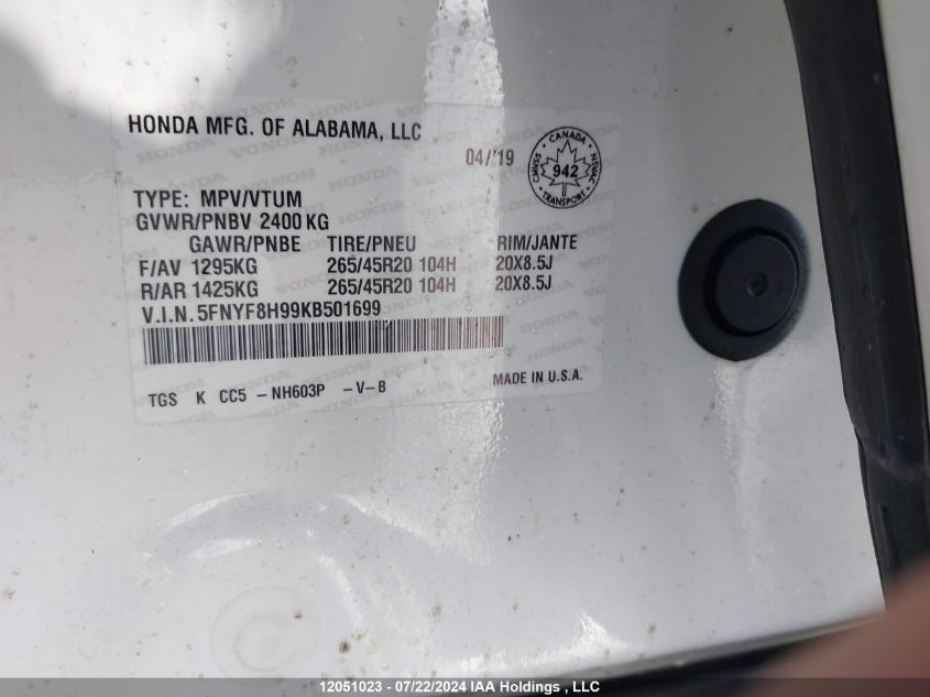 2019 Honda Passport VIN: 5FNYF8H99KB501699 Lot: 12051023
