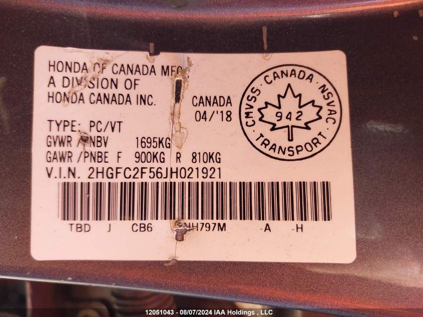2018 Honda Civic VIN: 2HGFC2F56JH021921 Lot: 12051043
