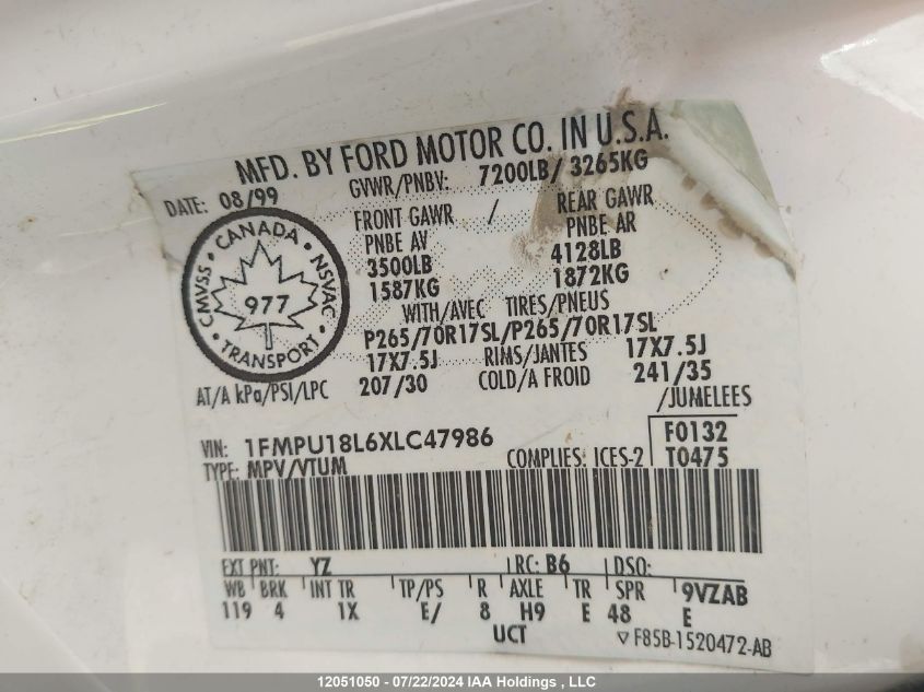 1999 Ford Expedition VIN: 1FMPU18L6XLC47986 Lot: 12051050