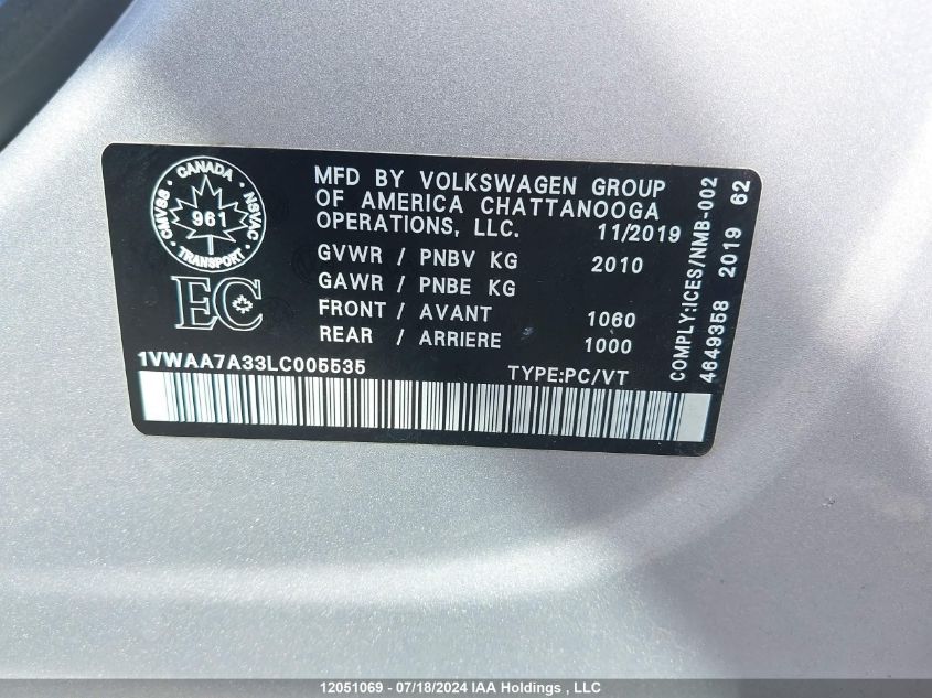 2020 Volkswagen Passat VIN: 1VWAA7A33LC005535 Lot: 12051069