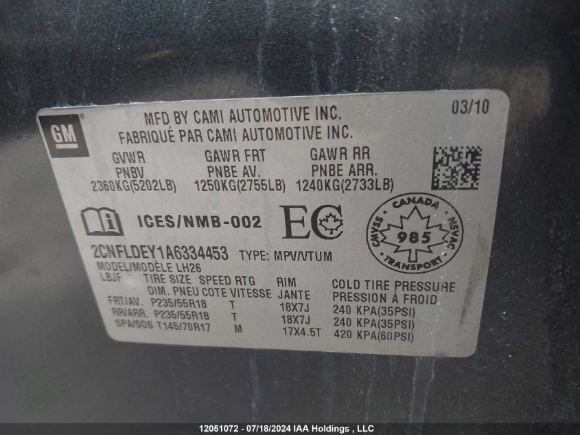 2010 Chevrolet Equinox VIN: 2CNFLDEY1A6334453 Lot: 12051072